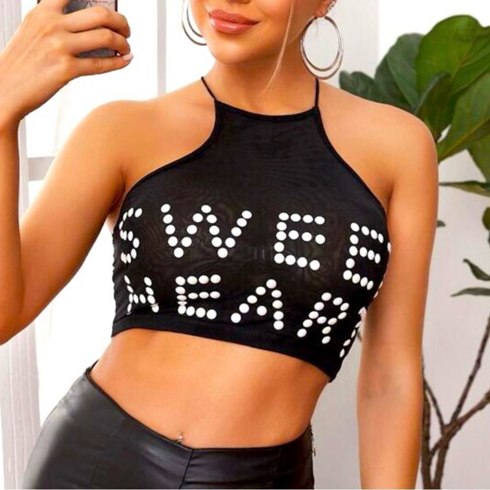 Sweetheart Black Crop Top W/ Iridescent Letters.
